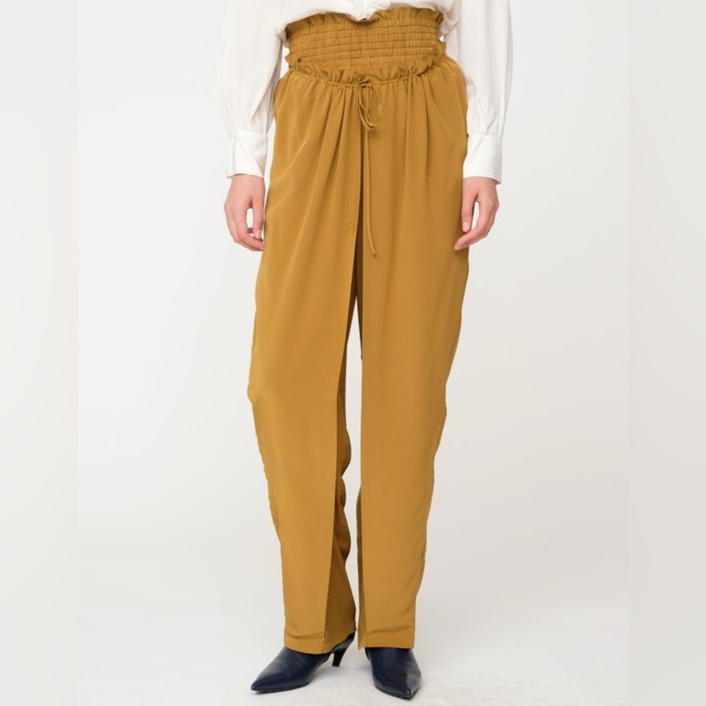 NWT Sea New York Solange Smocked Silk Athleisure Pants Golden Saffron Mustard 4